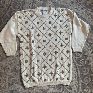 Elegant Beaded Cream and Gold Women's Sweater